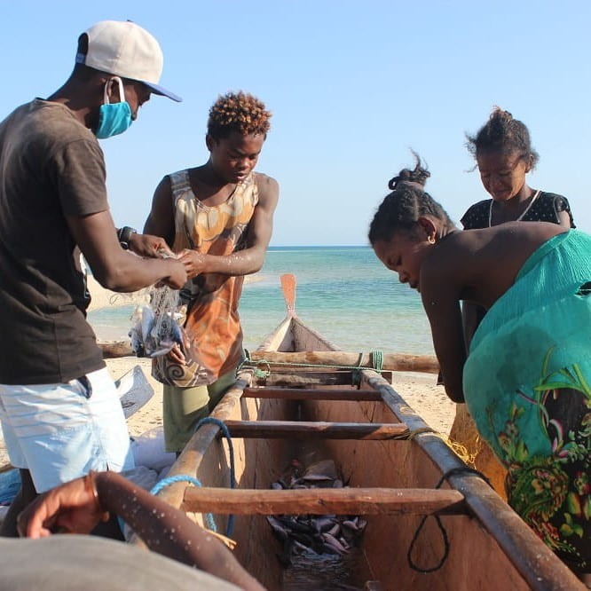 MAP Team - Group of people surrounding a boat on shore, looking at a bag of shells